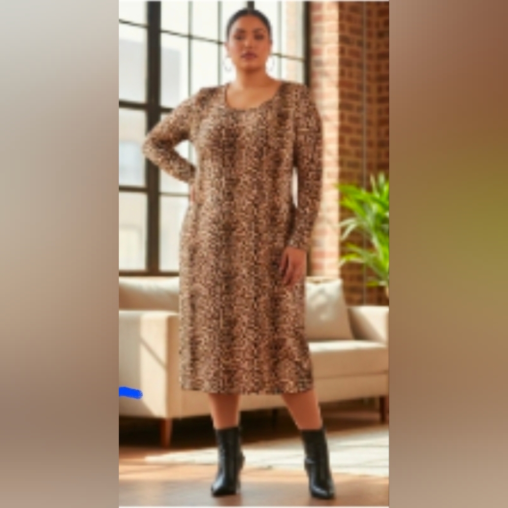 Story teller Cheetah Print Midi Dress with Long Sleeves Size 4X NWOT